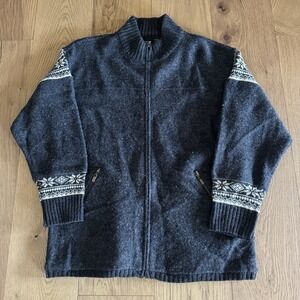Nordic Design Wool Full Zip Sweater Jacket Men's Small Gray Fair Isle Snowflake
